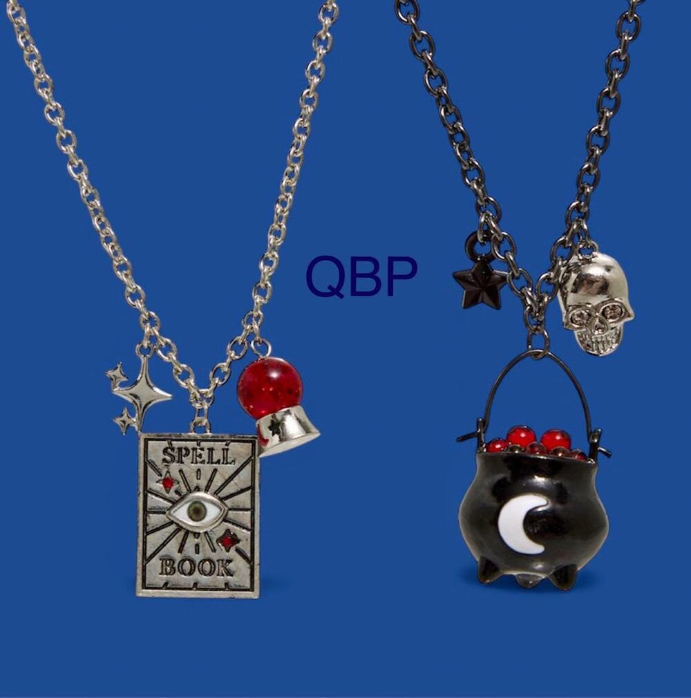 Witchy Cauldron Spell Book Best Friend Charm Necklace Set of 2 Silver-Tone